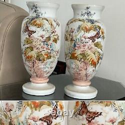 C1880 Pair 15 Opaline French Glass Hand Paint Vases Baccarat Floral Butterfly