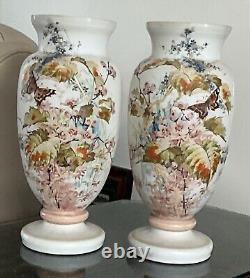 C1880 Pair 15 Opaline French Glass Hand Paint Vases Baccarat Floral Butterfly