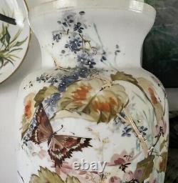 C1880 Pair 15 Opaline French Glass Hand Paint Vases Baccarat Floral Butterfly