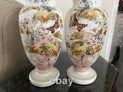C1880 Pair 15 Opaline French Glass Hand Paint Vases Baccarat Floral Butterfly