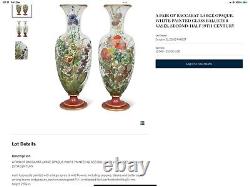 C1880 Pair 15 Opaline French Glass Hand Paint Vases Baccarat Floral Butterfly