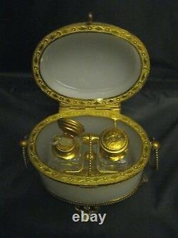 Ca 1850s French Oval White Opaline Glass Brass 2 Scent Bottles Ormulu Vanity Box