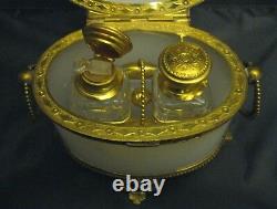 Ca 1850s French Oval White Opaline Glass Brass 2 Scent Bottles Ormulu Vanity Box