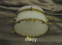 Ca 1850s French Oval White Opaline Glass Brass 2 Scent Bottles Ormulu Vanity Box