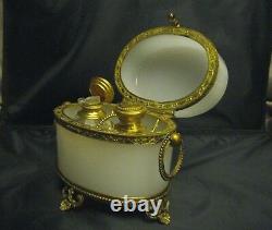 Ca 1850s French Oval White Opaline Glass Brass 2 Scent Bottles Ormulu Vanity Box