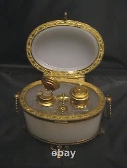 Ca 1850s French Oval White Opaline Glass Brass 2 Scent Bottles Ormulu Vanity Box