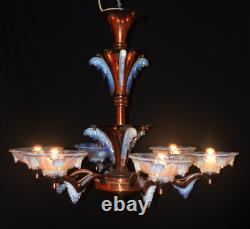 Chandelier French art deco Ezan Sabino 6 arm original Opalescent glass icicles