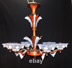 Chandelier French art deco Ezan Sabino 6 arm original Opalescent glass icicles
