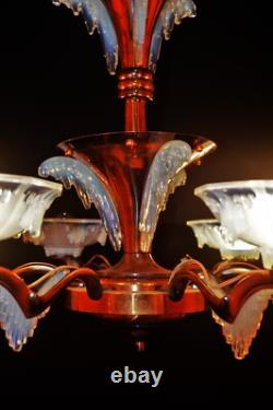Chandelier French art deco Ezan Sabino 6 arm original Opalescent glass icicles