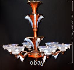 Chandelier French art deco Ezan Sabino 6 arm original Opalescent glass icicles