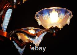 Chandelier French art deco Ezan Sabino 6 arm original Opalescent glass icicles