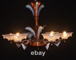 Chandelier French art deco Ezan Sabino 6 arm original Opalescent glass icicles