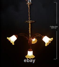 Chandelier French art nouveau Neoclassical bronze 4 arm swan neck opaline glass