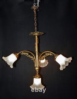 Chandelier French art nouveau Neoclassical bronze 4 arm swan neck opaline glass