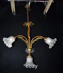 Chandelier French art nouveau Neoclassical bronze 4 arm swan neck opaline glass