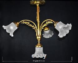 Chandelier French art nouveau Neoclassical bronze 4 arm swan neck opaline glass