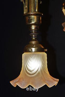 Chandelier French art nouveau Neoclassical bronze 4 arm swan neck opaline glass