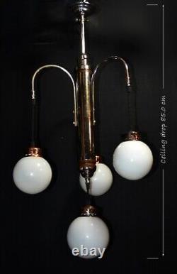 Chandelier Original art deco 4 arms chrome plate suspended opaline globes C1940s