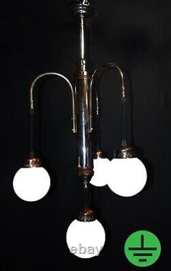 Chandelier Original art deco 4 arms chrome plate suspended opaline globes C1940s