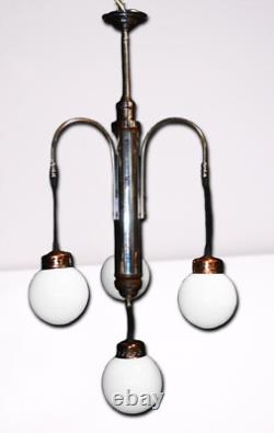 Chandelier Original art deco 4 arms chrome plate suspended opaline globes C1940s