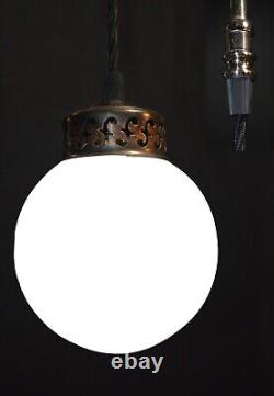 Chandelier Original art deco 4 arms chrome plate suspended opaline globes C1940s