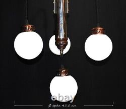 Chandelier Original art deco 4 arms chrome plate suspended opaline globes C1940s