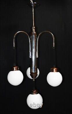 Chandelier Original art deco 4 arms chrome plate suspended opaline globes C1940s