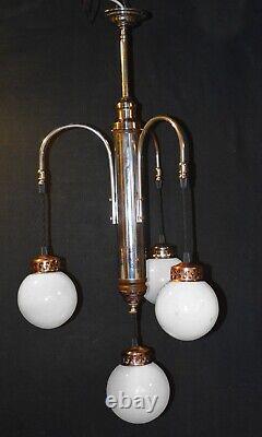 Chandelier Original art deco 4 arms chrome plate suspended opaline globes C1940s