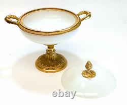 Continental White Opaline Gilt Bronze Mounted Double Handled Footed Lidded Bowl