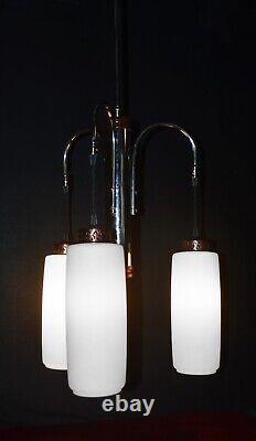 Danish mid-century 1960s teak, Opaline glass, & chrome plate 3-arm chandelier