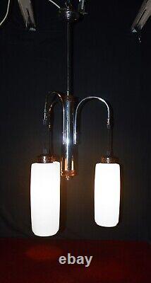 Danish mid-century 1960s teak, Opaline glass, & chrome plate 3-arm chandelier