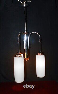 Danish mid-century 1960s teak, Opaline glass, & chrome plate 3-arm chandelier