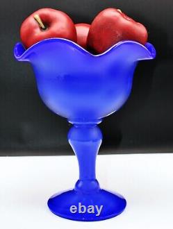 Dark Blue Jade Opaline Art Glass Compote