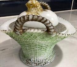 Deco Art Glass Opaline Slip Covered Candy with Rising a hush ion on Basket