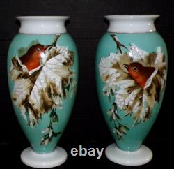 Decorative Antique Pair Opaline Glass Vases Hand painted Robins Quality 28 cm