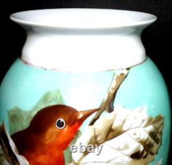 Decorative Antique Pair Opaline Glass Vases Hand painted Robins Quality 28 cm