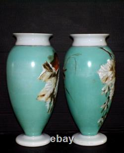 Decorative Antique Pair Opaline Glass Vases Hand painted Robins Quality 28 cm