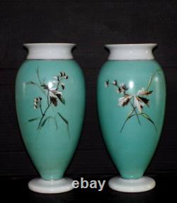 Decorative Antique Pair Opaline Glass Vases Hand painted Robins Quality 28 cm