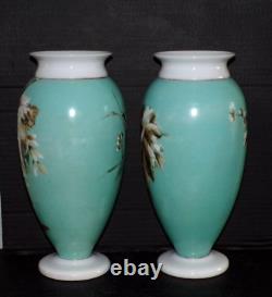 Decorative Antique Pair Opaline Glass Vases Hand painted Robins Quality 28 cm