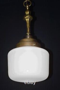 Early 1920s art deco industrial Opaline glass & bronze pendant schoolhouse light