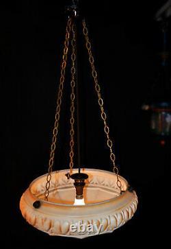 Early 1940s art deco large segmented Opaline milk glass lantern light plafonier