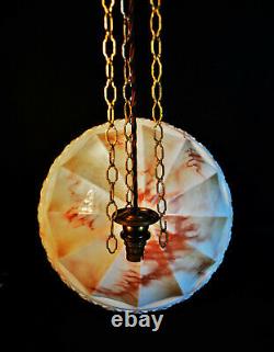 Early 1940s art deco large segmented Opaline milk glass lantern light plafonier