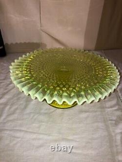 Early Fenton Vaseline Opalescent Hobnail Pedestal Cake Stand-Cake Plate-1940s