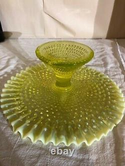 Early Fenton Vaseline Opalescent Hobnail Pedestal Cake Stand-Cake Plate-1940s