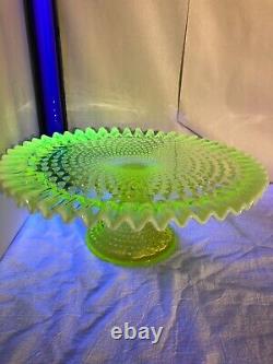 Early Fenton Vaseline Opalescent Hobnail Pedestal Cake Stand-Cake Plate-1940s