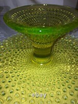 Early Fenton Vaseline Opalescent Hobnail Pedestal Cake Stand-Cake Plate-1940s