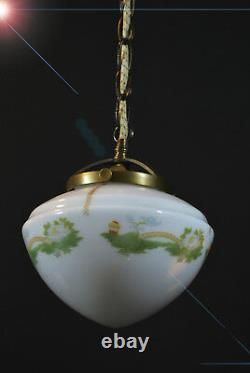 Early art deco bronze Opaline milk glass ceiling light pendant hand-painted bowl