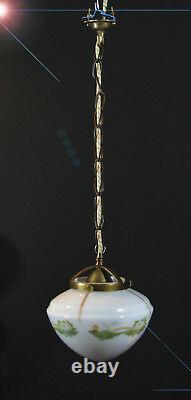 Early art deco bronze Opaline milk glass ceiling light pendant hand-painted bowl