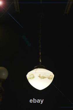 Early art deco bronze Opaline milk glass ceiling light pendant hand-painted bowl