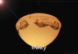 Early art deco bronze Opaline milk glass ceiling light pendant hand-painted bowl